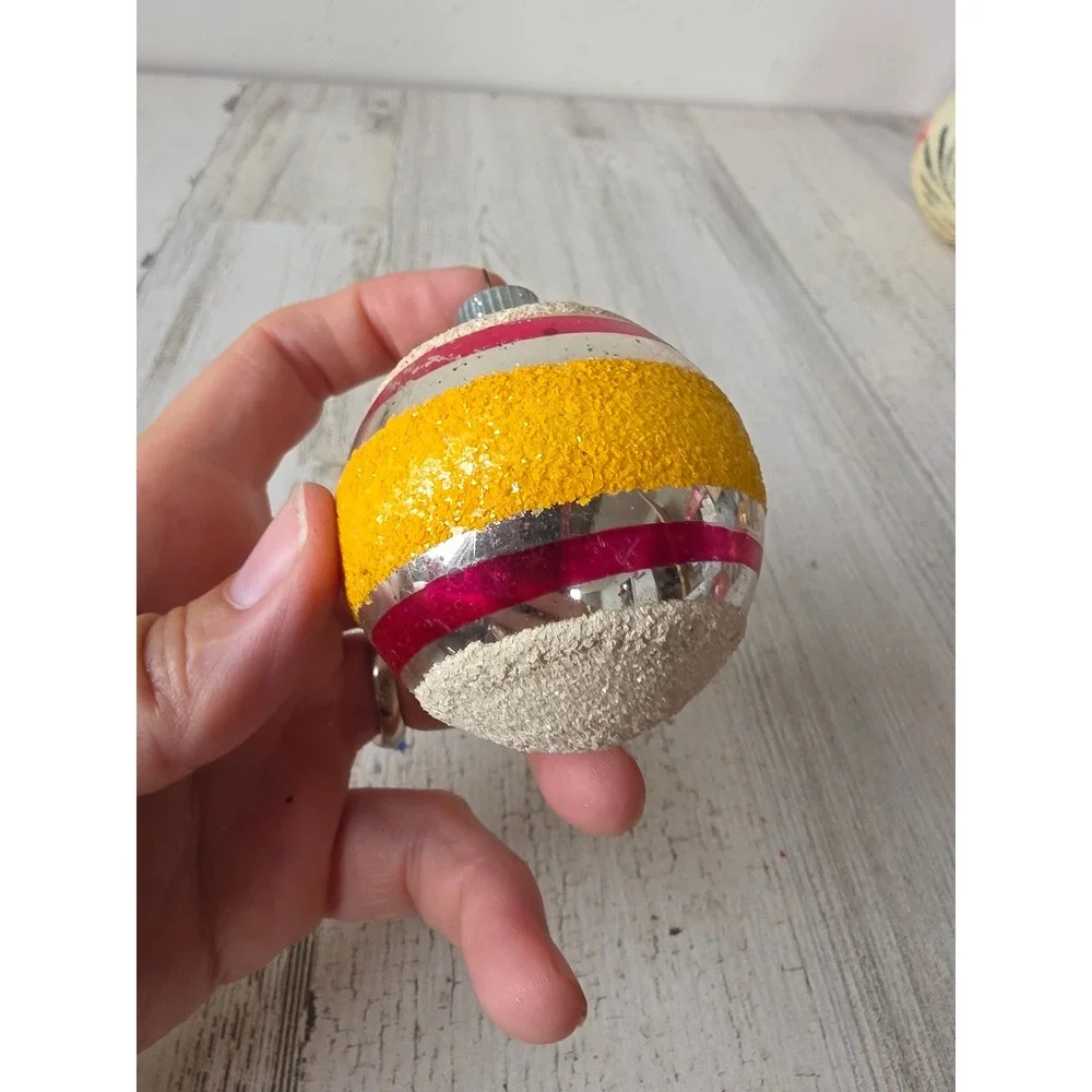 Vintage shiny Brite ornament Mica yellow striped Xmas tree red